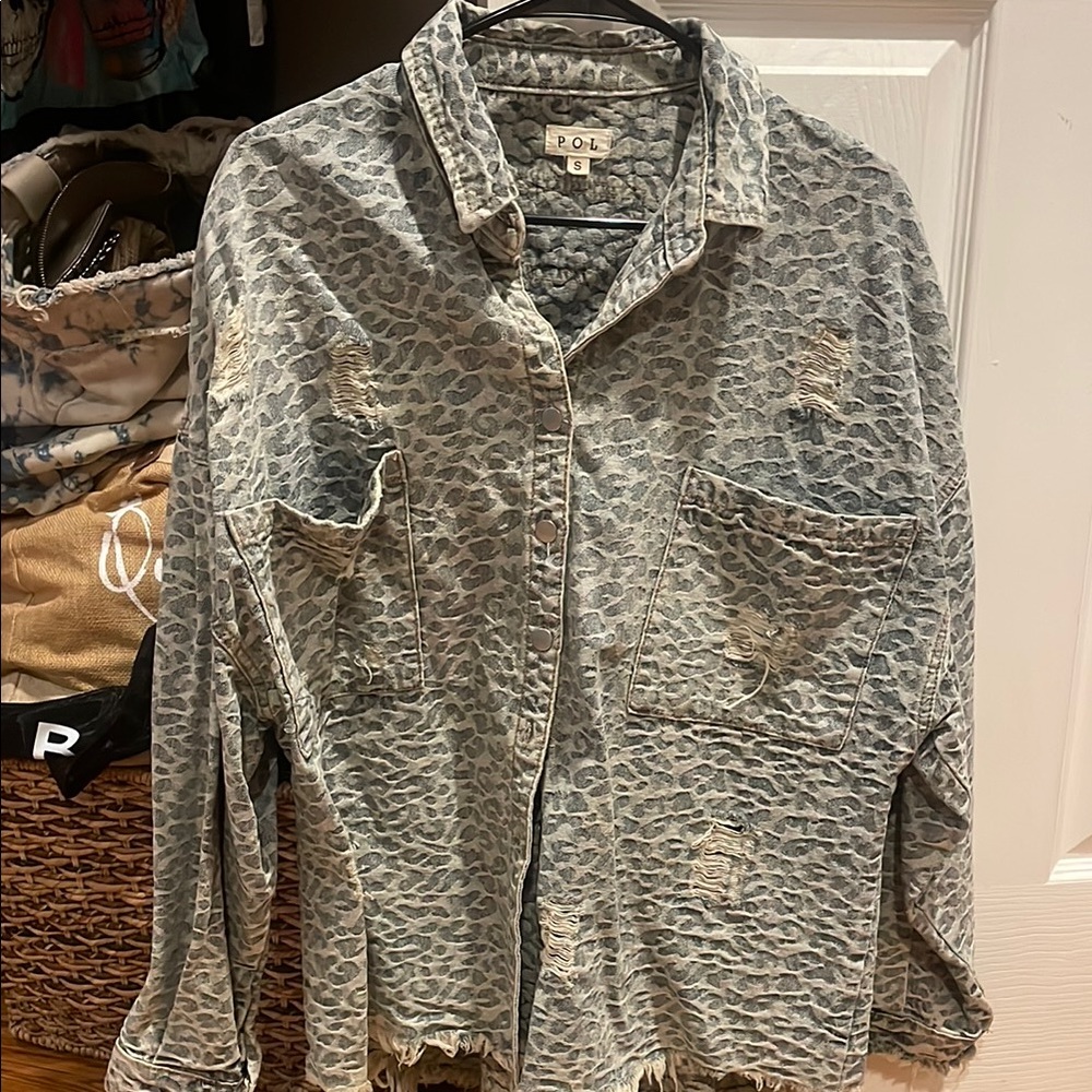 Leopard Print Distressed Denim Shacket